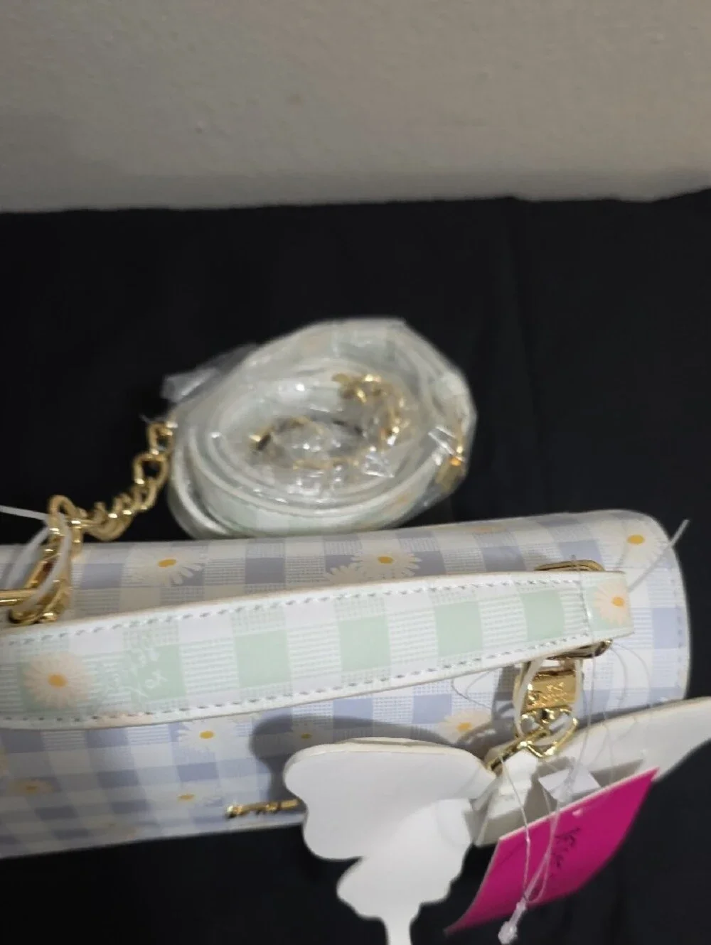 Betsey Johnson Pastel Plaid Chain-Handle Purse with White Butterfly